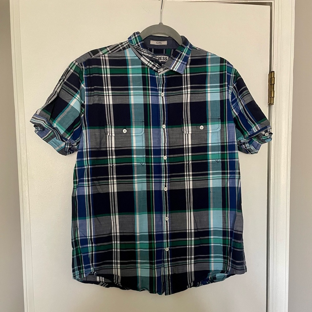 Express Fitted Plaid Short Sleeve Button Down